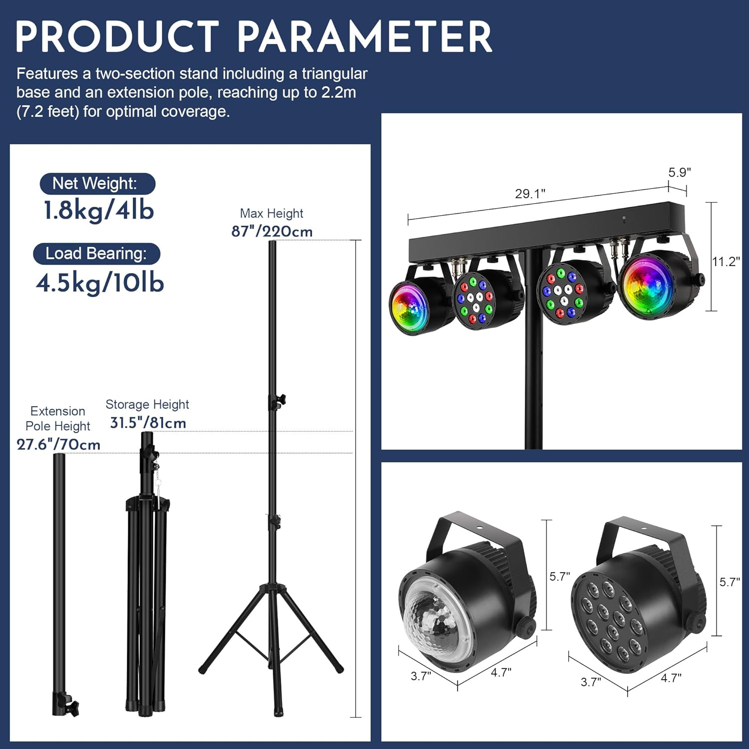 Diagram showing the dimensions and weight of the Telbum PL-31BW lighting system and its stand.
