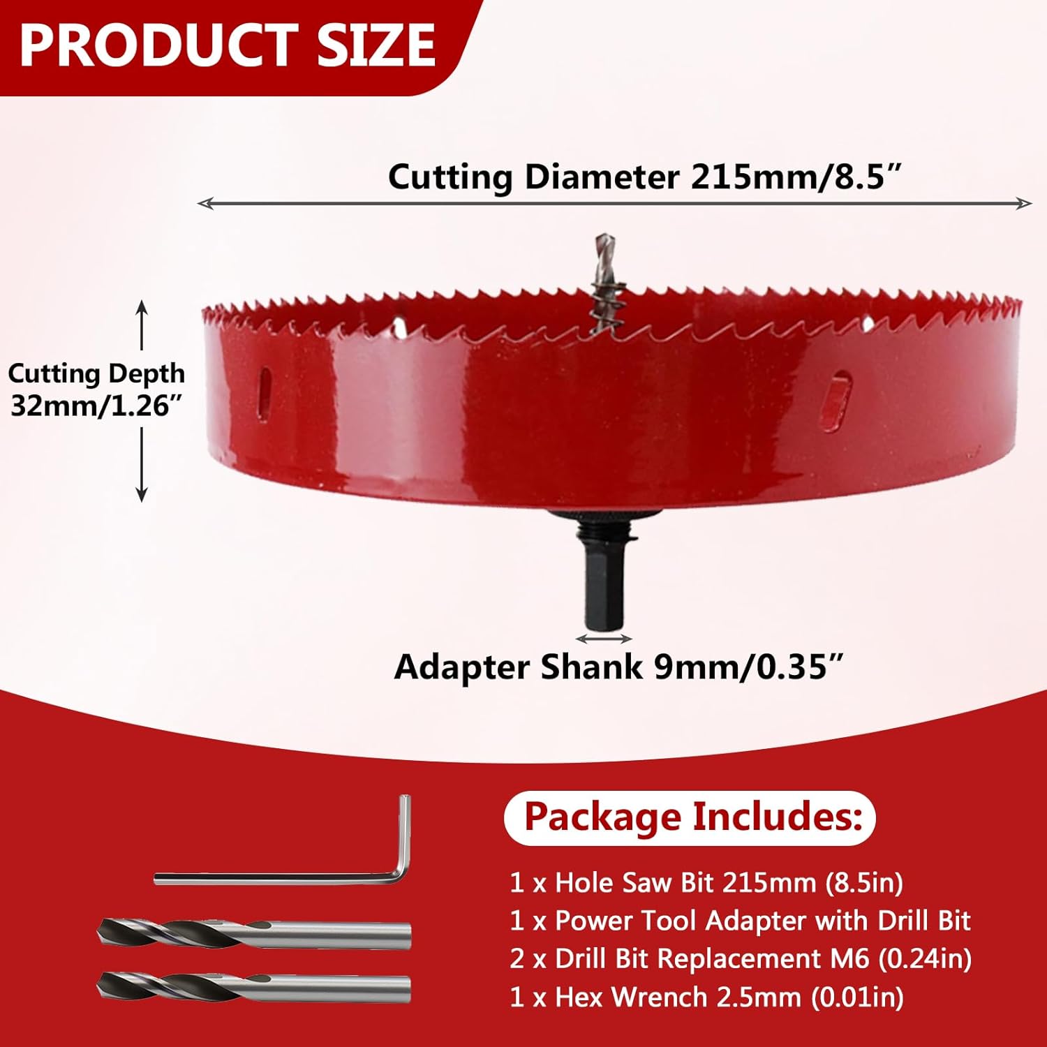 8.5 Inch / 215mm Hole Saw with Arbor and Pilot Drill Bit, Heavy Duty Bi-Metal Hole Cutter for Fiberboard, Wood, Drywall, Plastic, Soft Metal Sheet, PVC Board and Cornhole Boards Drilling