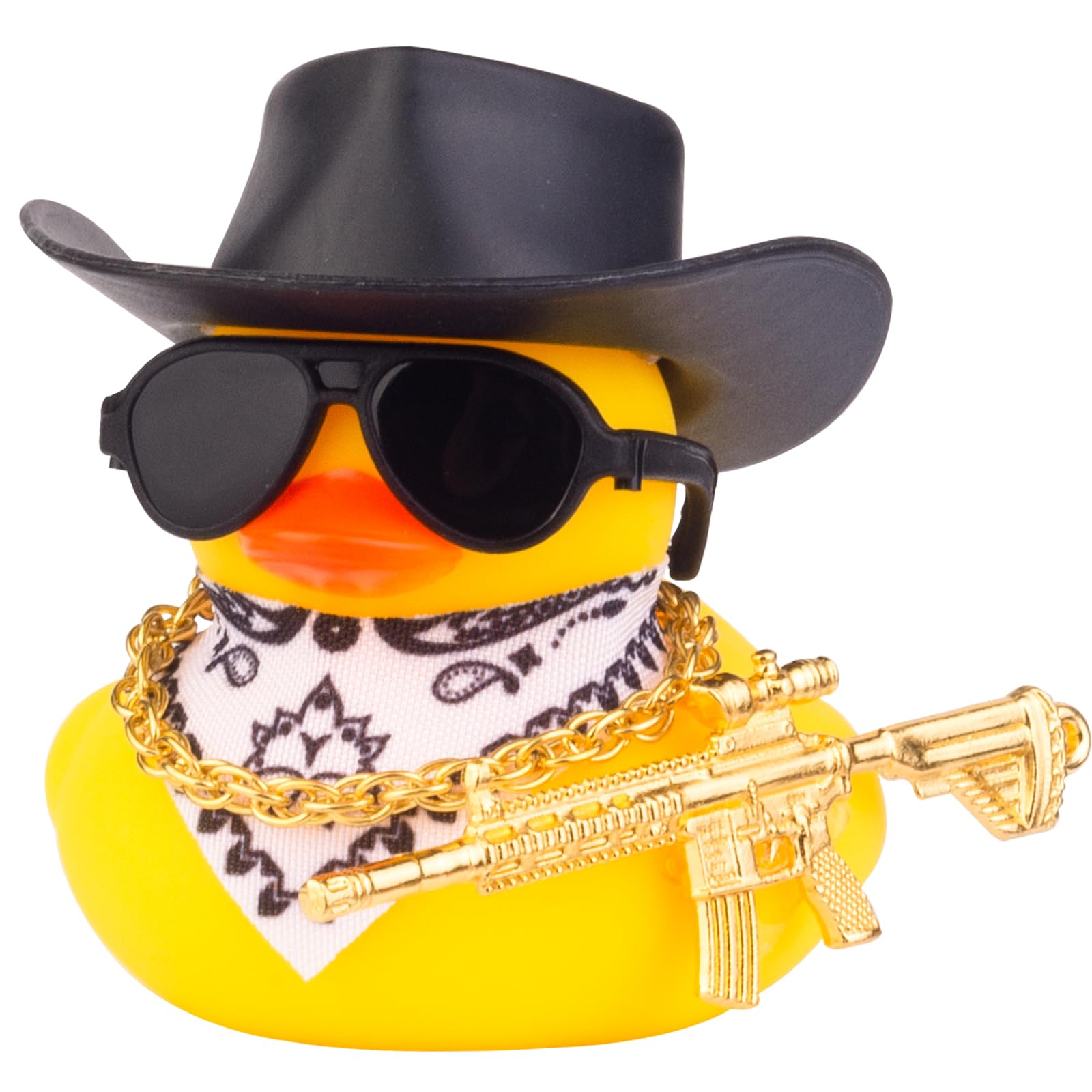 Car Rubber Duck, Yellow Duck Dashboard Decoration with Cowboy Hat Necklace Sunglasses Cool Prop for Car Dashboard Decorations (Black-Hat)