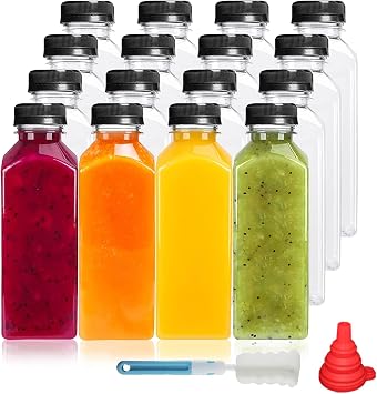 YBCPACK 16 Pack 350 ml Clear Plastic Juice Bottles with Lids for Mini Fridge, 12 oz Empty Reusable Drink Containers for Smoothie, Milk, Juicing, and Other Drinkings.