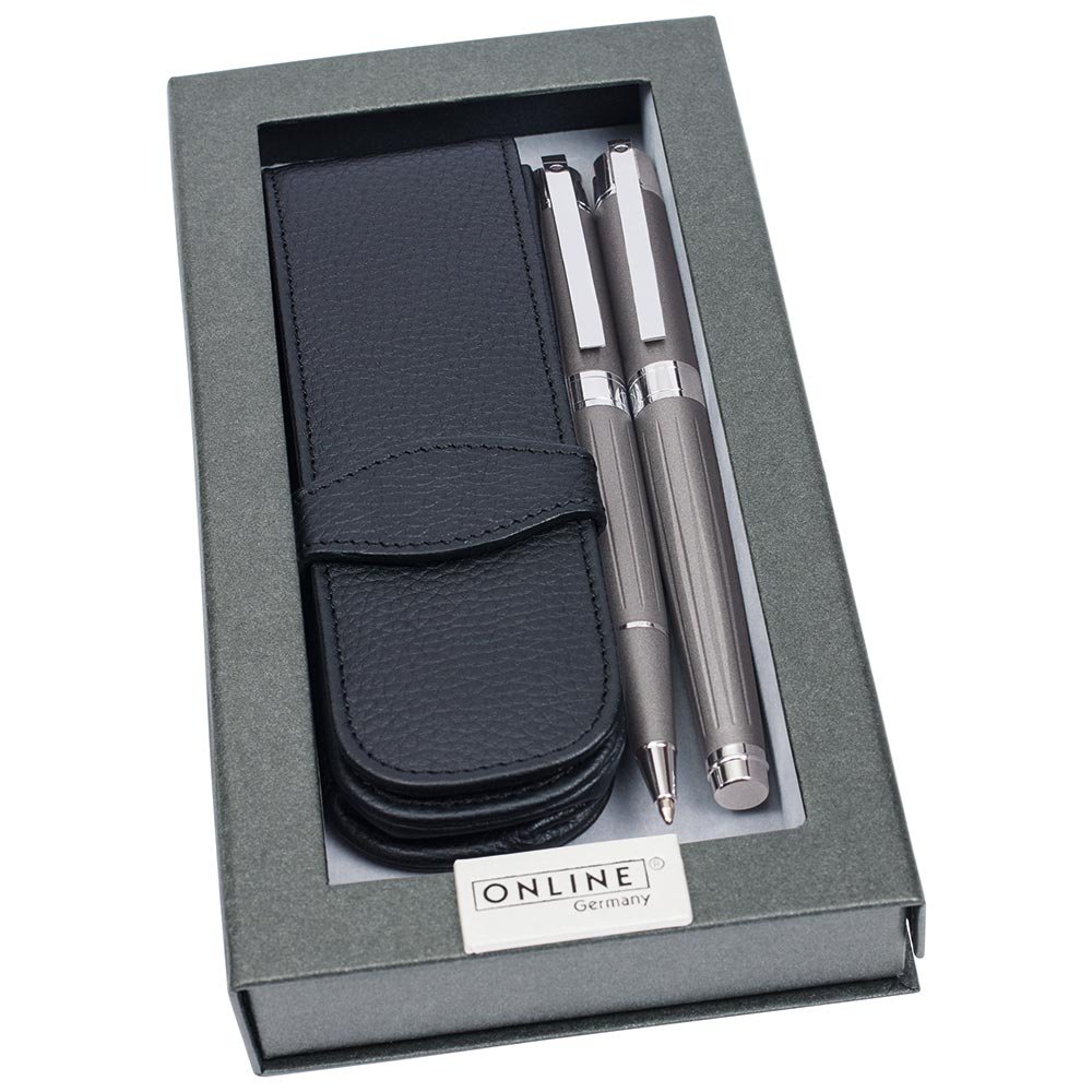 ONLINE Stone Grey Set Metall-Füllhalter/Kugelschreiber incl. Echtleder-Etui, in hochwertiger Geschenkverpackung