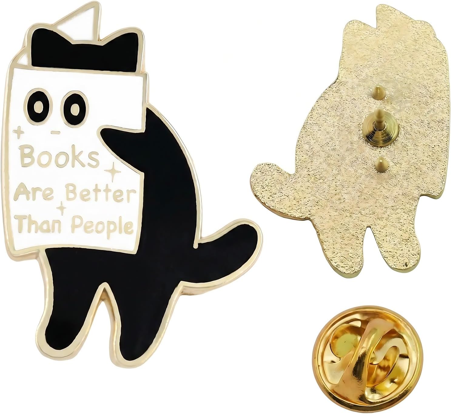 Black Cat Enamel Pin, Books Are Better Than People Gold Lapel Pin, Cute Book Lover Badge for Backpack Jackets Hats, Funny Reading Cat Pin Gift for Bookworms Librarians Students