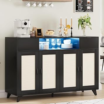 Rattan Wood Buffet Sideboard,47"Large Storage with 4 Doors 2 Drawers,Farmhouse Coffee Bar Cabinet with Open Shelves,Adjustable Shelves,Power Outlet & LED Light for Kitchen,Dining Room,Entryway