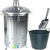CrazyGadget® 125 Litre 125L Extra Large Galvanised Metal Incinerator Fire Burning Bin with Special Locking Lid Ash Shovel 42L Litre Plastic Flexi Tub Dark Green