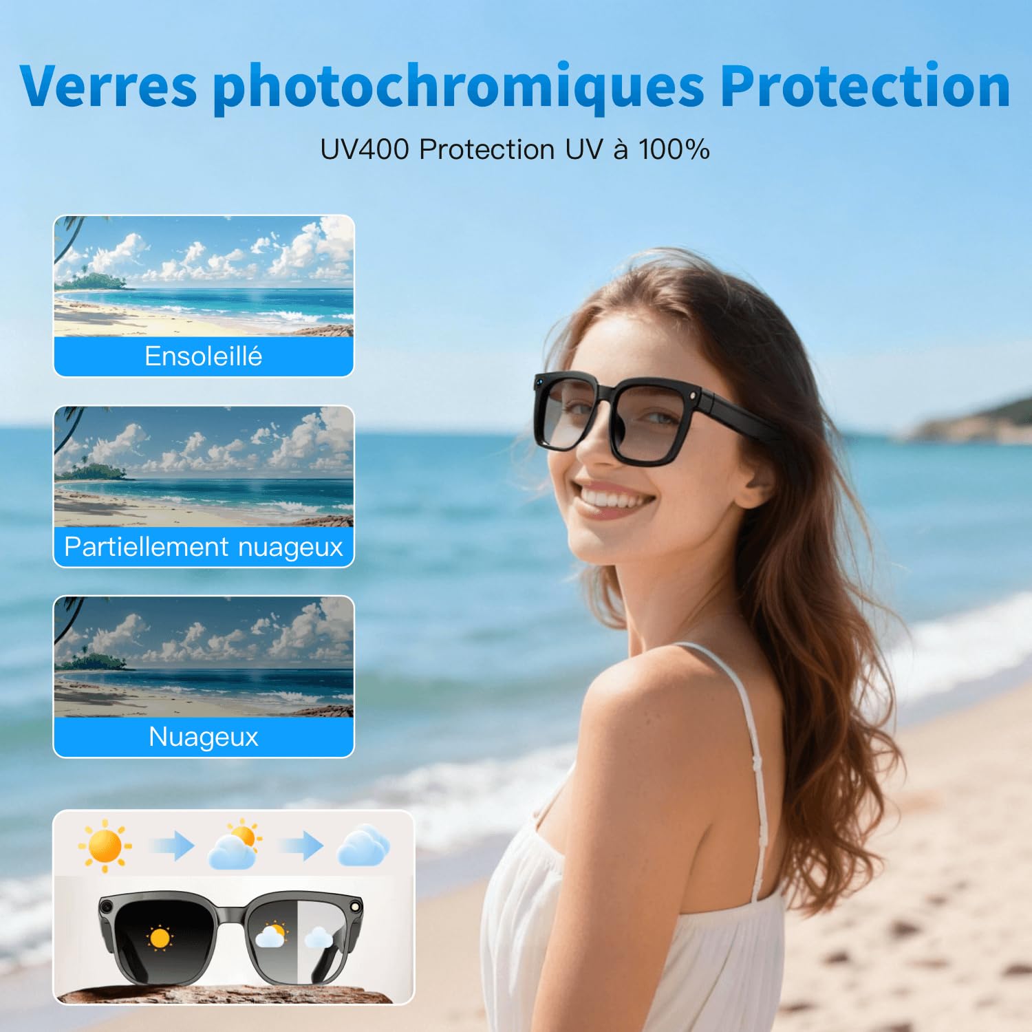 Lunettes intelligentes AI 32 Go avec caméra HD 4K, Lunettes avec caméra Anti-tremblement 8 MP, Prise en Charge de l'enregistrement vidéo, Traduction en Temps réel, Verres photochromiques - 4