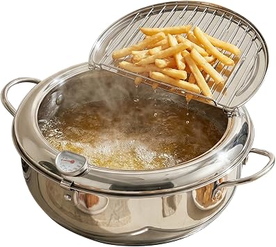 Deep Fryer Pot, Japanese Frying Pot 4.2L/4.5Qt Large, 304 Stainless Steel Tempura Fryer with Lid, Thermometer and Oil Drip Drain Rack for Family Cooking