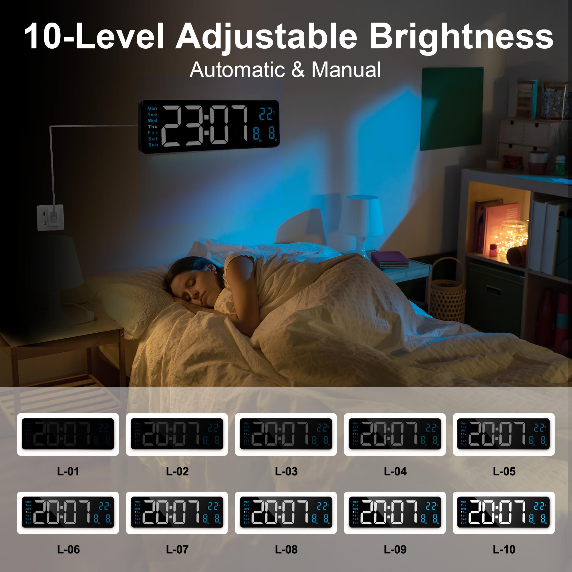 Lafocuse Reloj Digital de Pared 16" LED Azul Grande, con Luz Nocturna de 9 Colores RGB, Mando, Doble Alarma, Brillo Automático, Temperatura, Fecha, 12/24 Horas, Cuenta Atrás, para Salon Cocina Oficina