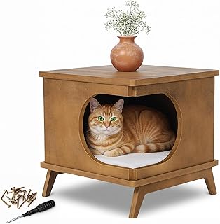Modern Wooden Cat Bed End Table for Indoor Cats – 15.7"x15.3"x15.7" Cat House Side Table with Cushion – Stylish Nightstand Cat Condo for Bedroom or Living Room – Compact Pet Hideaway Furniture
