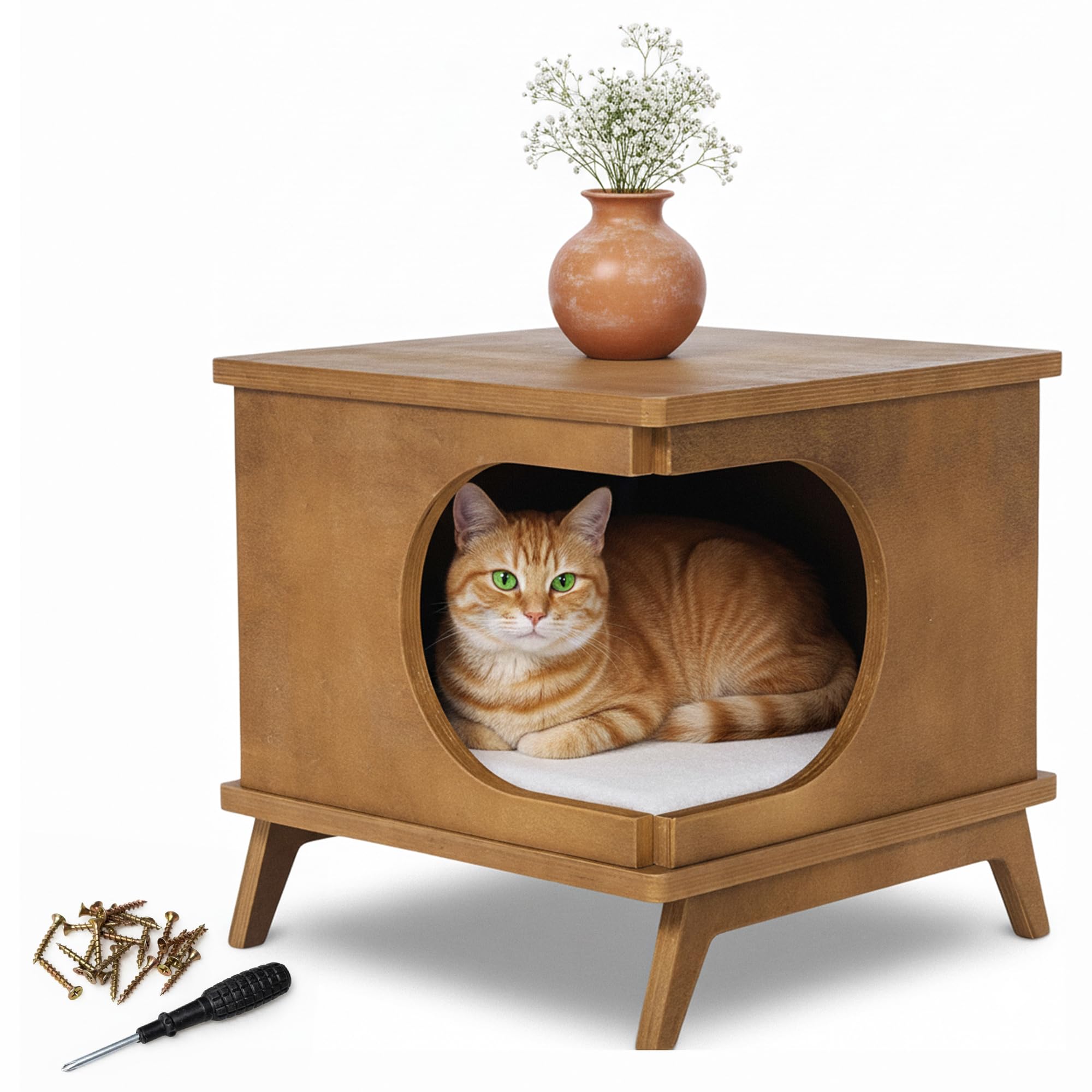 Modern Wooden Cat Bed End Table for Indoor Cats – 15.7"x15.3"x15.7" Cat House Side Table with Cushion – Stylish Nightstand Cat Condo for Bedroom or Living Room – Compact Pet Hideaway Furniture
