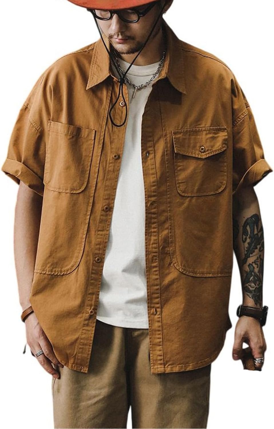 Men's American Vintage Cotton Short Sleeve Work Shirt Button Down Relaxed Fit