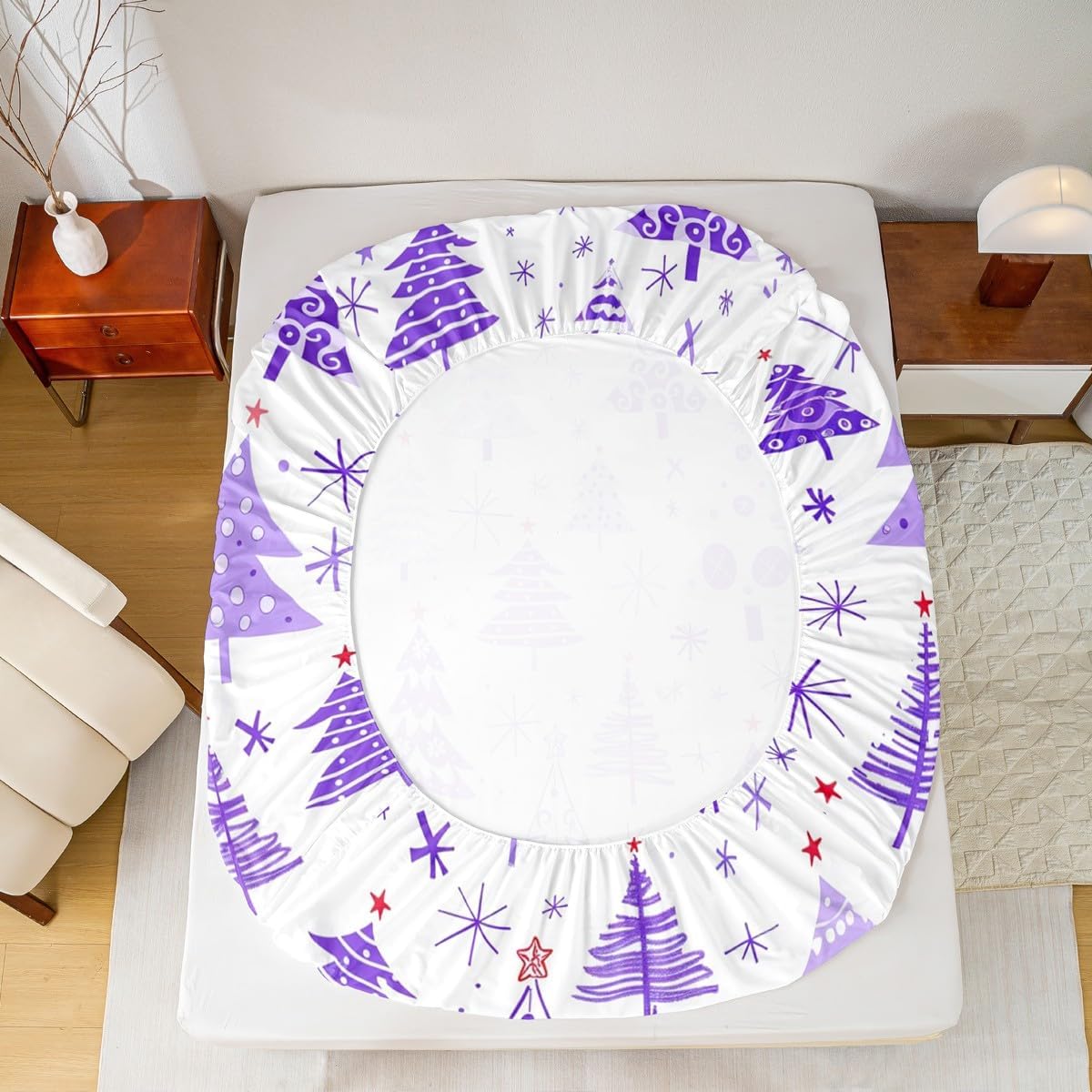 Manfei Purple Xmas Trees Sheet Set Queen Size,Christmas Theme Cartoon Bedding Set,Happy New Year Bed Sheet Set 4pcs with Deep Pocket Fitted + Flat + 2 Pillowcases,Kids Boys Girls Room Decor image 5