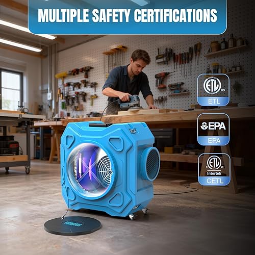 Miniatura 7 de Depurador de aire con filtración de 3 etapas, máquina de aire negativo HEPA de 970 CFM con ruedas bloqueables de 360 y mango plegable automático,