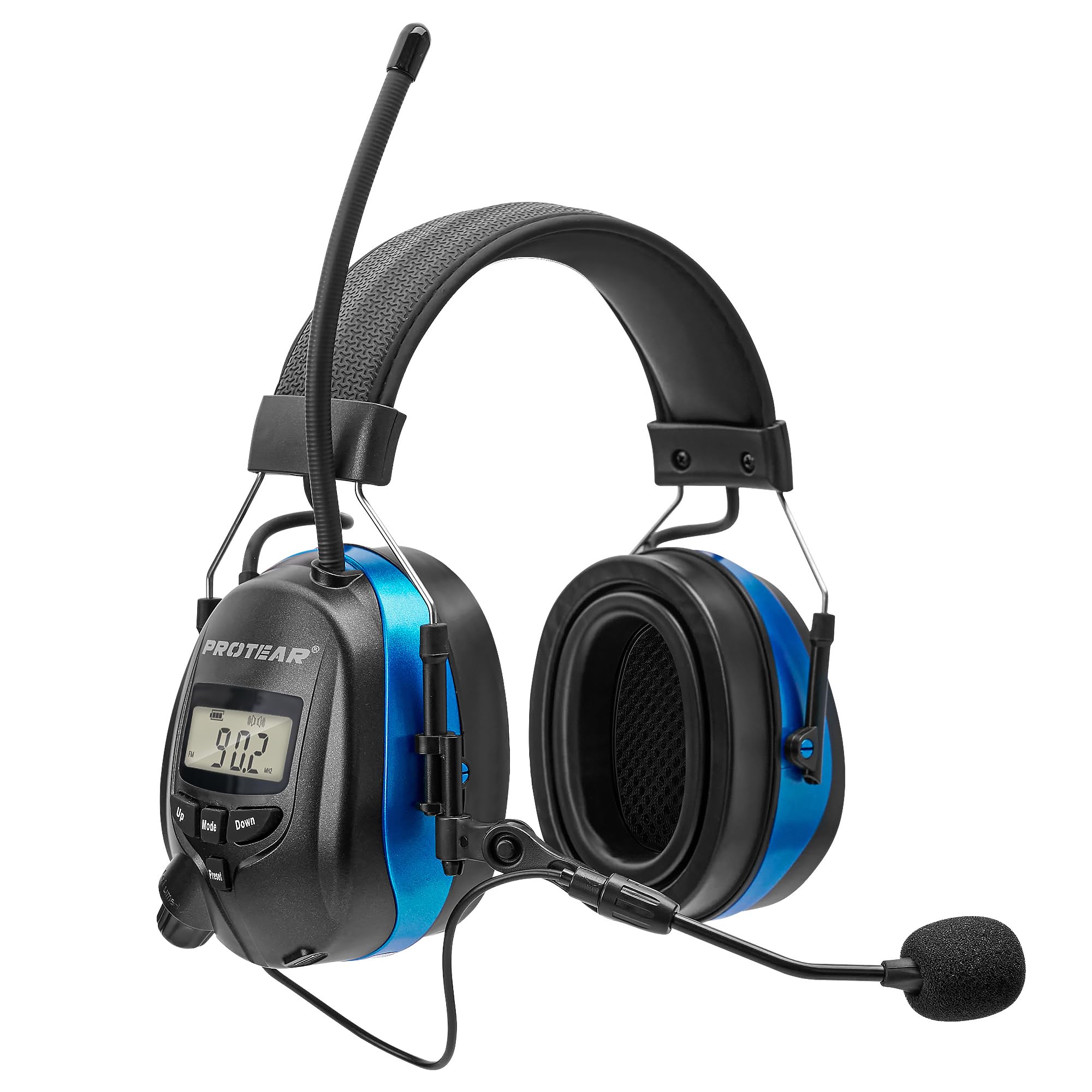 blue am fm radio headphones with boom microphone and earpads