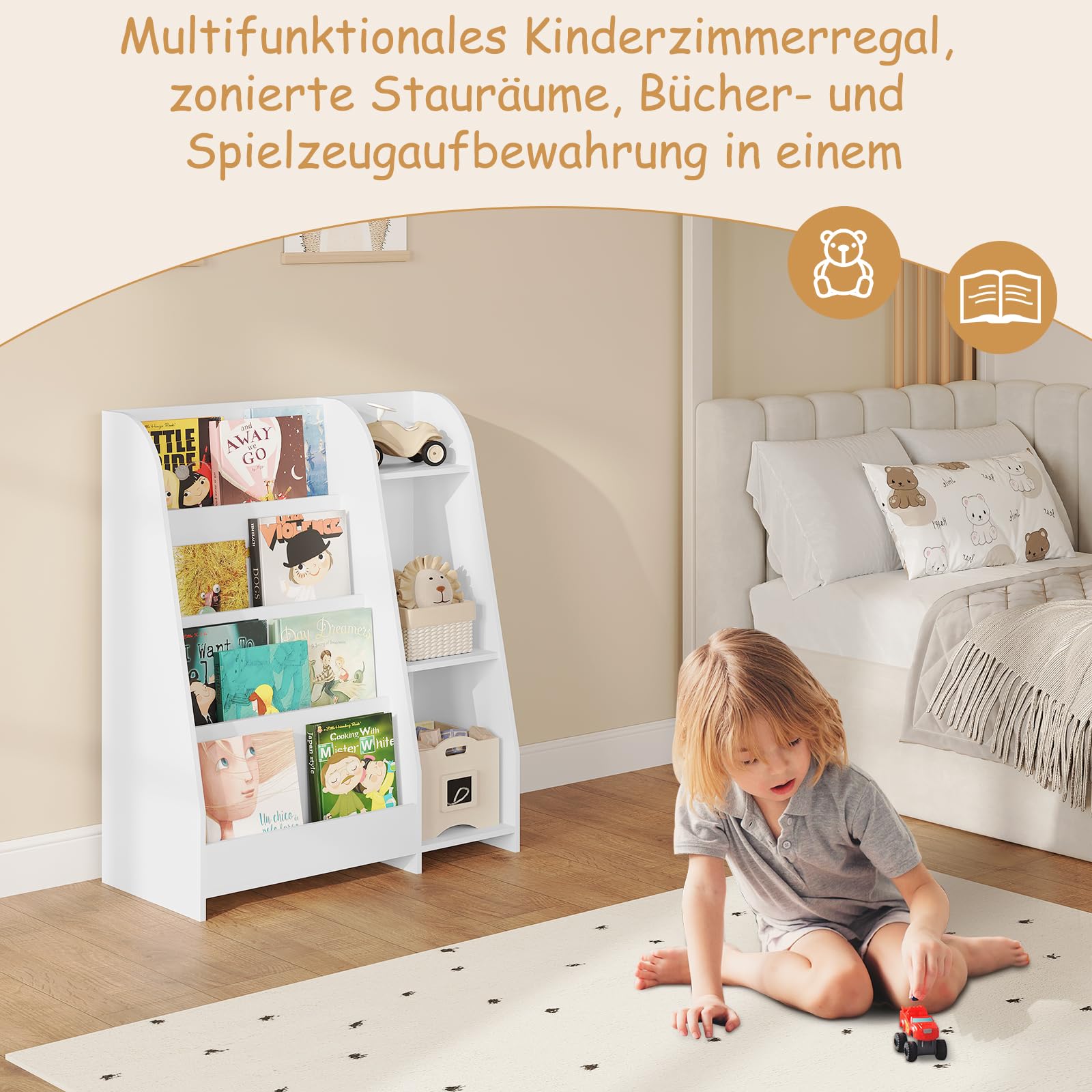 Lestarain Bücherregal Kinder, Montessori Kinderregal, Spielzeugregal, mit 4 Regalebenen und 3 Fächern, offenes Standregal Aufbewahrungsregal, für Kinderzimmer Spielzimmer, Weiß, 75x90x34,5 cm