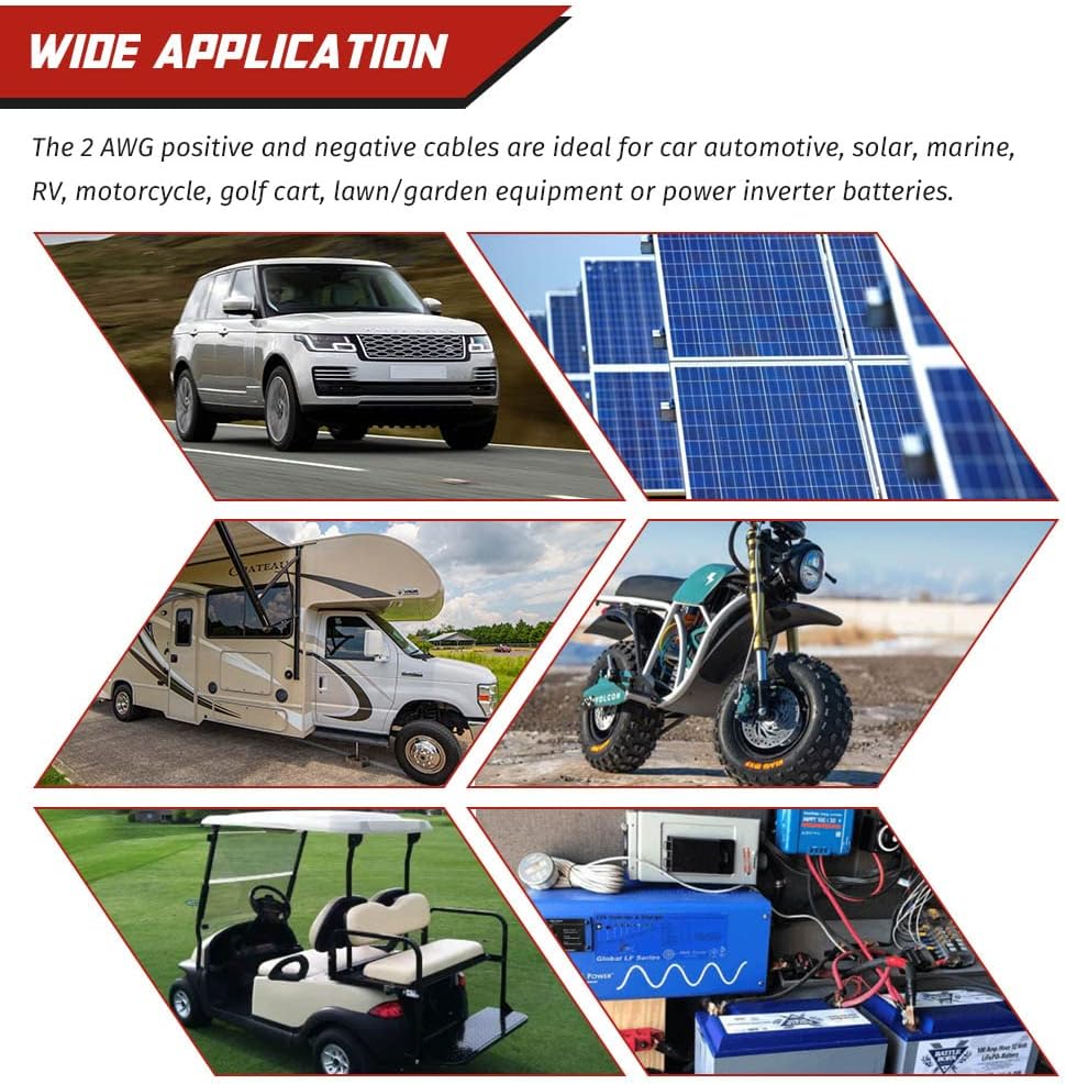 2 AWG Battery Cable 2 Gauge Pure Copper Battery Inverter Cables with 3/8 in Lugs Both Ends Power Inverter Wire Set for Automotive Solar Power Inverter Marine Boat RV Car Motorcycle (5FT)