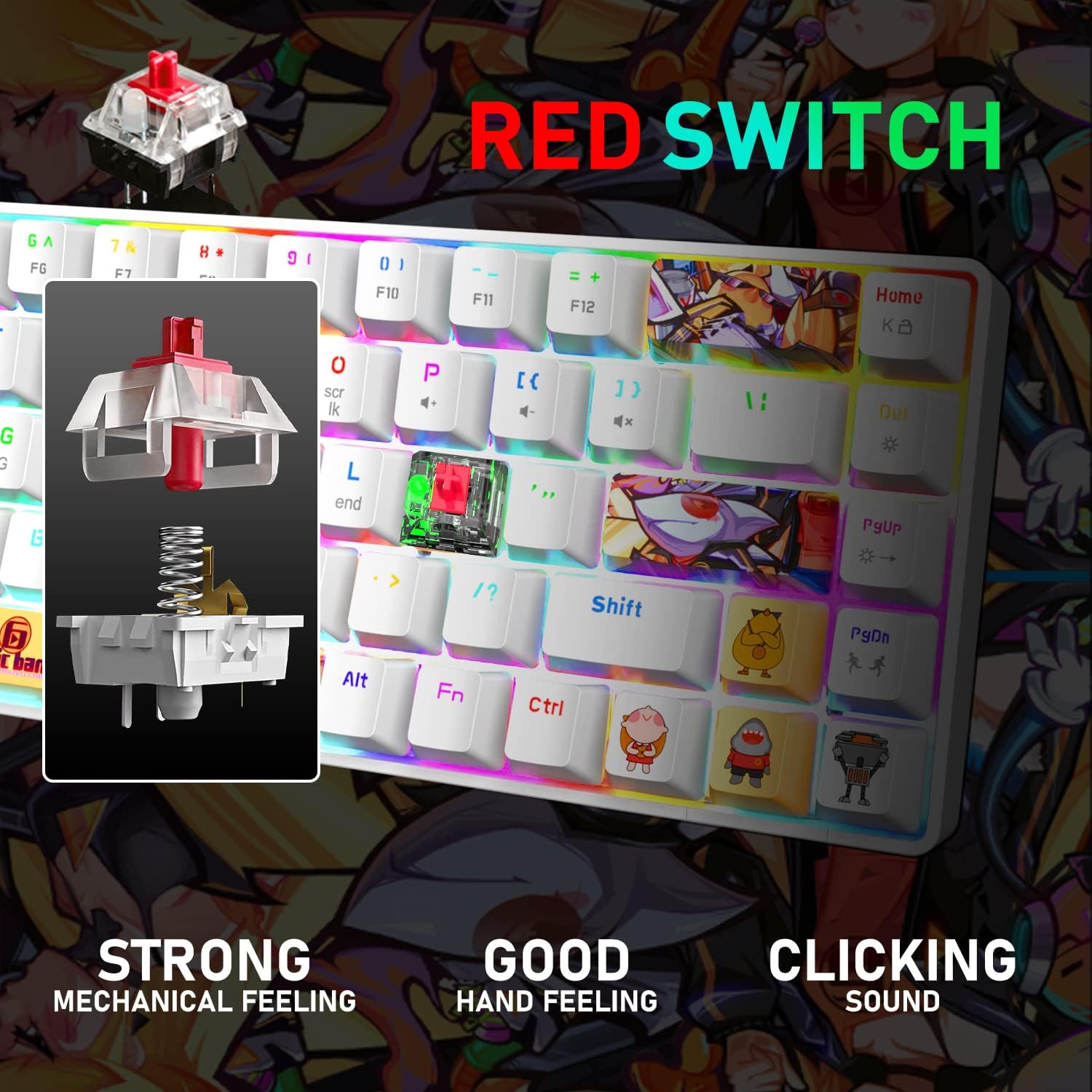 Portable 60% Mechanical Gaming Keyboard 18 Chroma RGB Backlit Ultra-Compact 68 Keys Dye Sublimation PBT Ergonomic Full Keys Anti-ghosting Compatible with PS4,PS5,PC,Gamers,Typist(White/Red Switch)