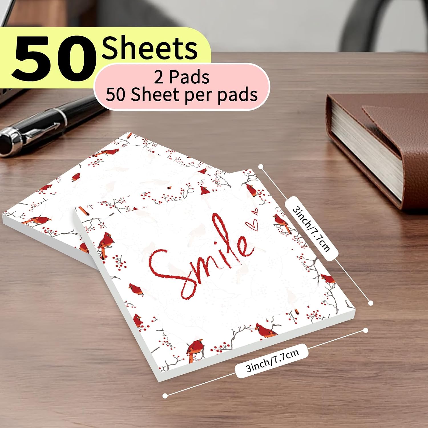 Cute Sticky Notes 3 x 3 in, 2 Pack Self Stick Note Pads with Fun Patterns, Strong Adhesive Memo Pads for Office School Home, 80 Sheets per Pad Red Bird image 4