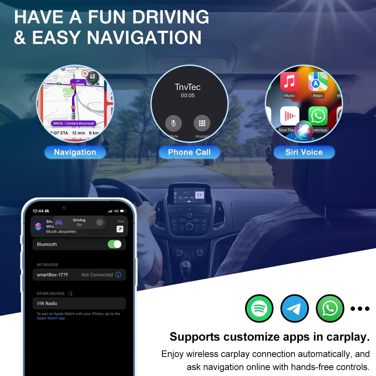 CarPlay interface showing navigation, phone call, and Siri voice options