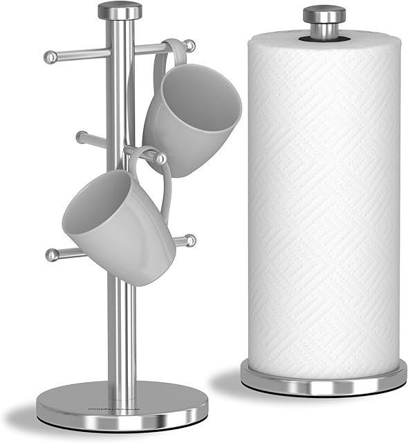 Morphy Richards 974028 Accents Kitchen Roll Holder and Mug Tree Set, Stainless Steel, Silver, 15 x 15 x 34.5 cm