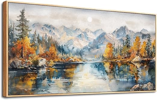 Wood Framed Canvas Wall Decor for Living Room Large Wall Art for Office Watercolour Paintings Bedroom Decorations Farmhouse Home Mural Forest Mountain Landscape Pictures Artwork 24x48 in