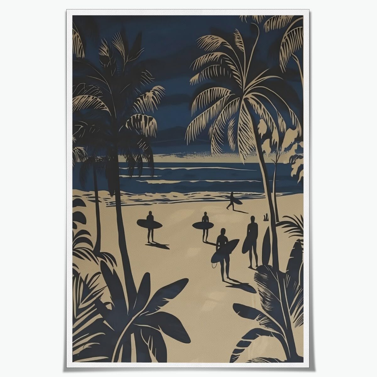 Vintage Tropical Surfing Wall Art Minimalist Beach Poster with Palm Trees and Surfers Beach Pictures Wall Art Canvas Prints Beachy Posters Coastal