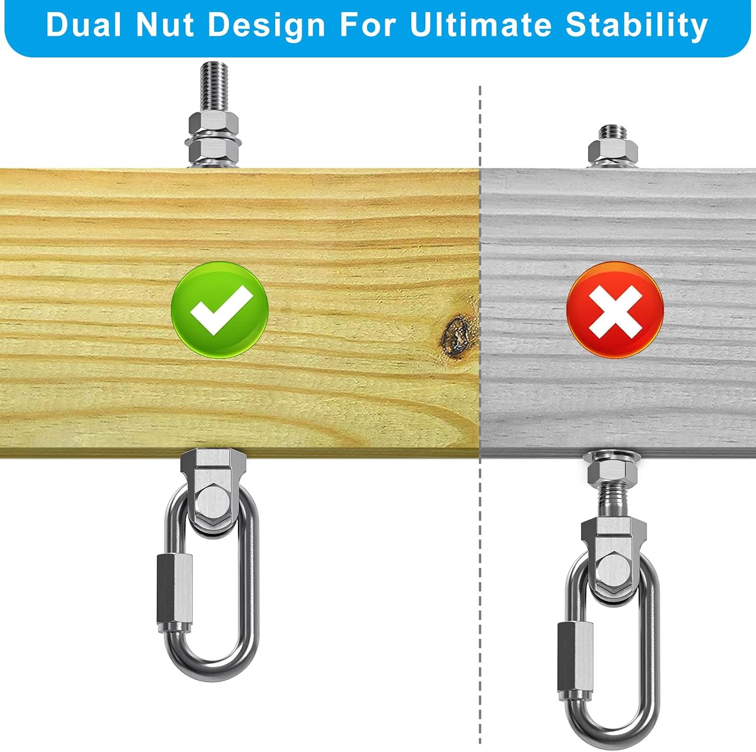 Dolibest Heavy Duty Swing Hanger, 304 Stainless Steel Swing Bolts w/Quick-Connect Carabiner, Swing Hook w/Dual-Screw Locking for Hammock, Yoga Swing, Porch Swing for Wood/Metal Beam-(M10X7'')-1500LB