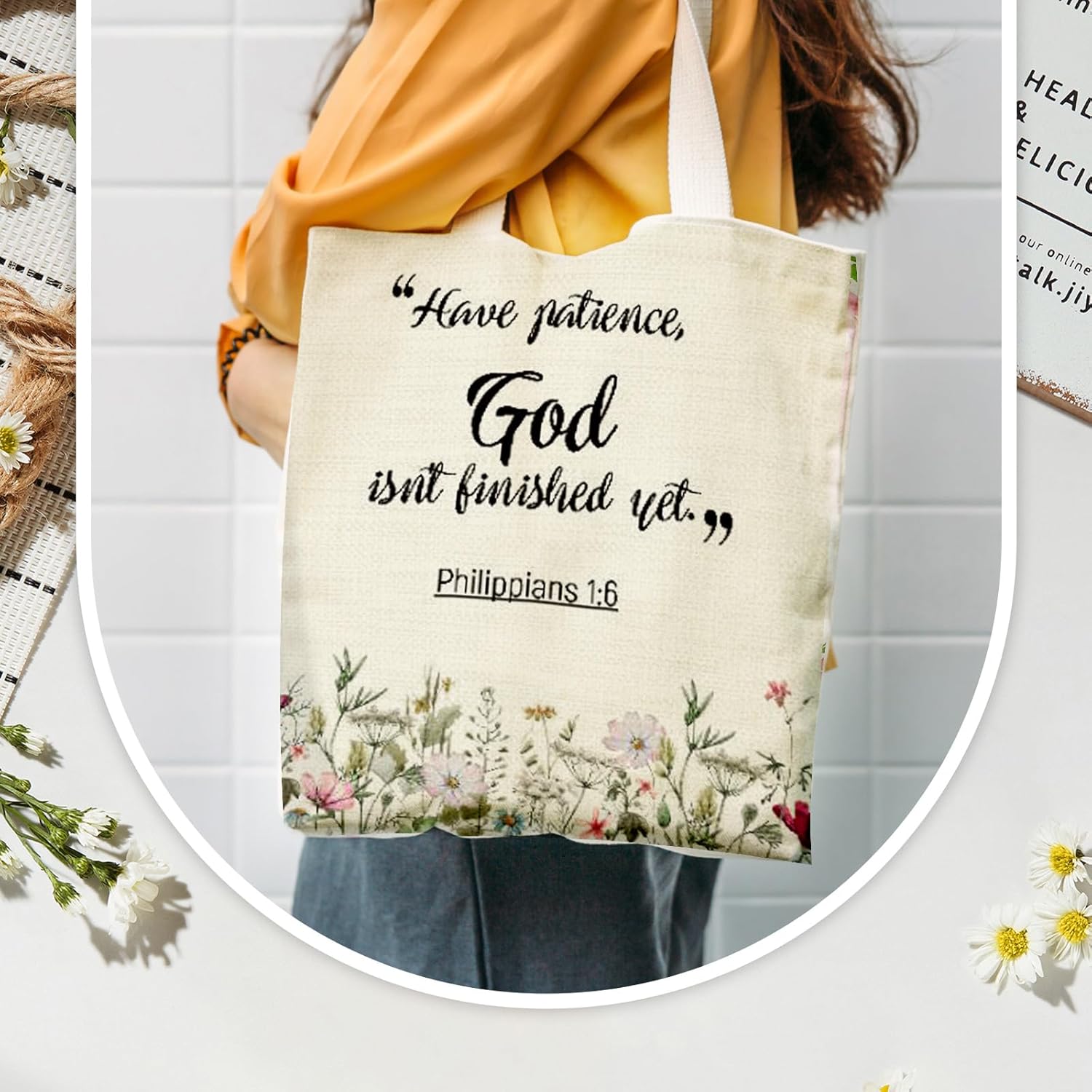 Aliceset 12 Pcs Christian Gift for Women Including 6 Bible Verse Tote Bags 6 Inspirational Makeup Bags with Zipper Religious Motivational Christian Gifts for Coworkers Church(Beige,Classic)