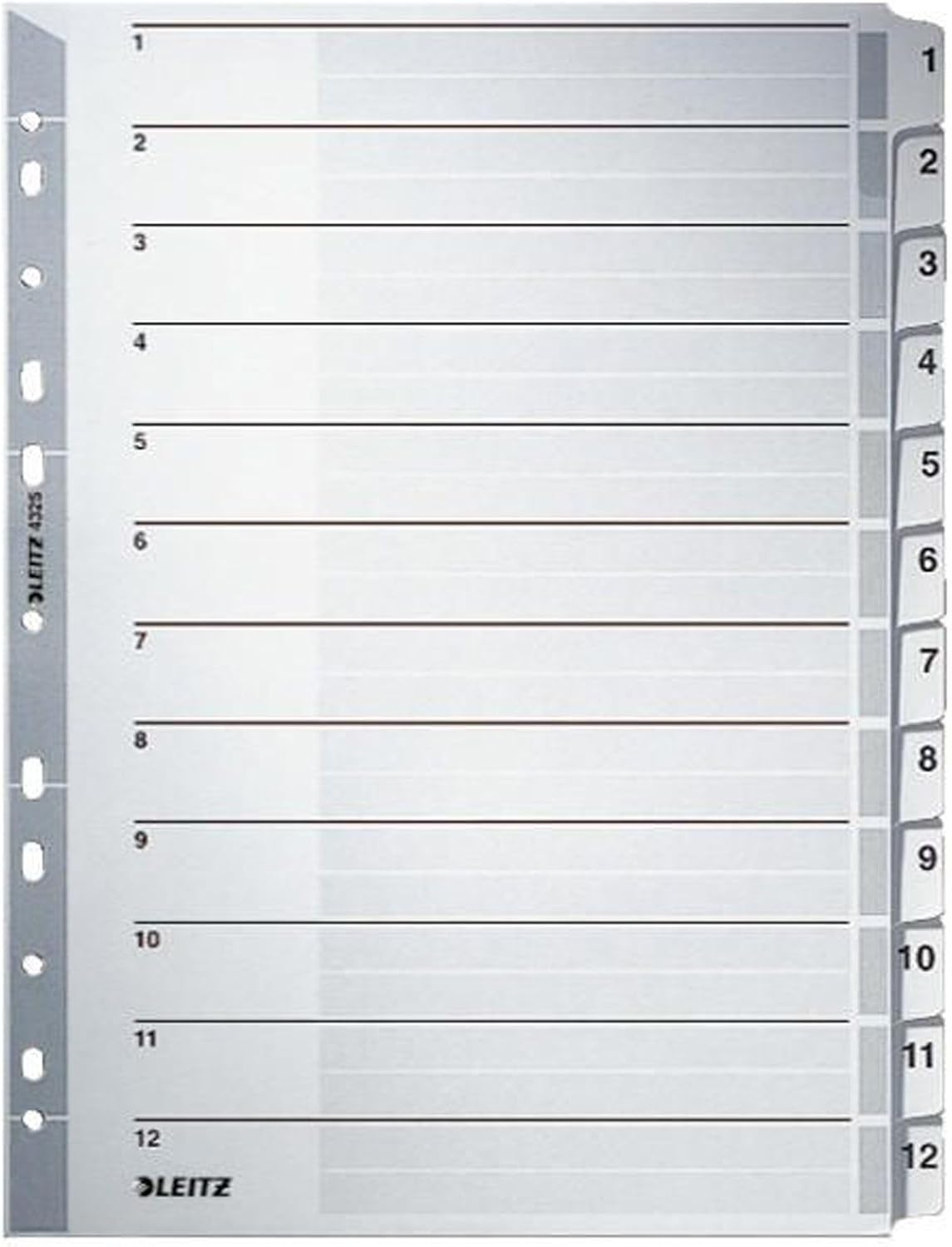 Leitz 43250000 A4 Dividers 1-12, Reinforced Mylar Tabs and Perforated Strip - Resistant Cardboard - Grey - 12 Tabs with Table of Contents