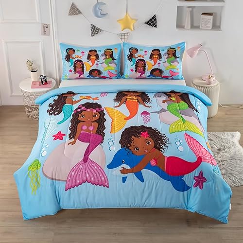 Miniatura 2 de Juego de edredón de sirena de tamaño matrimonial, color negro, juego de ropa de cama para niñas y adolescentes, juego de edredón ultra suave y