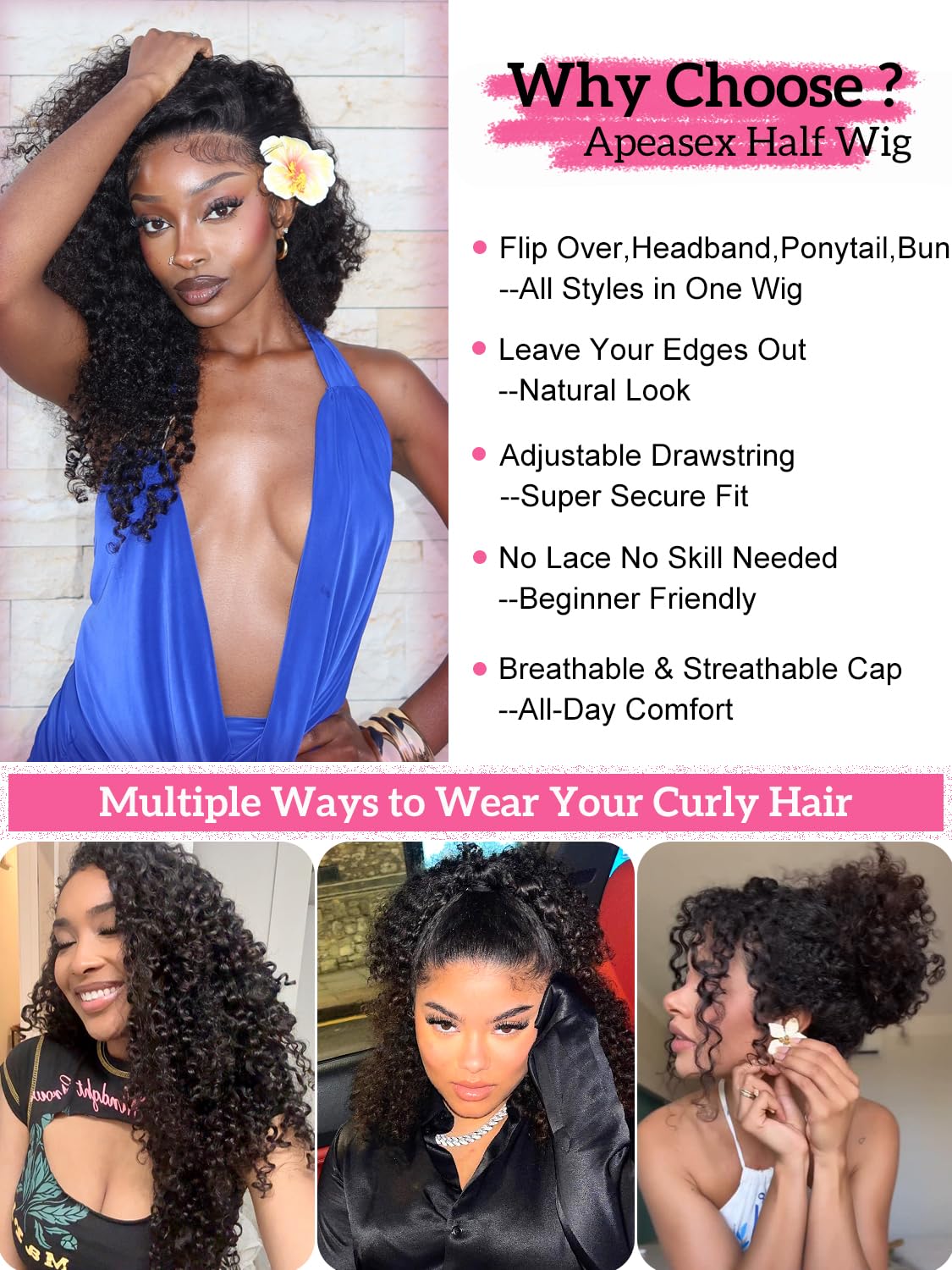 Burmese Curly Half Wig Human Hair 16 Inch 200% Density Invisible Flip Over Hairline Half Curly Wig Human Hair Headband Wigs for Black Women Drawstring Secure Fit Glueless Wigs Beginner Friendly