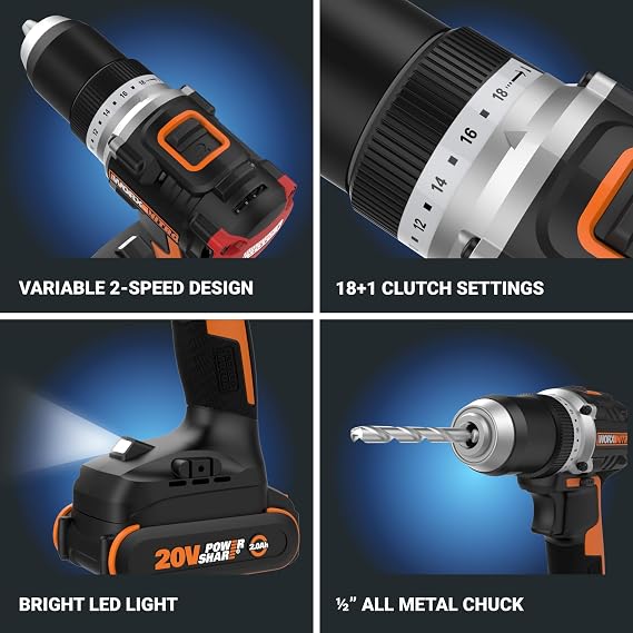 WORX Cordless Drill Driver, 20V 1/2-Inch Brushless, WX130L | Compact and Lightweight at 6 in and 3 lb, Batteries & Charger Included, PowerShare