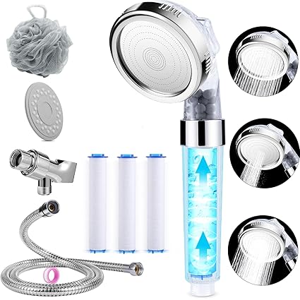 Handheld Filtered Shower Head with Filtration PP Cottons Filter Replacement, Hose, Bracket - 3 Settings High Pressure Ecowater Spa Shower Spray for Dry Hair & Skin