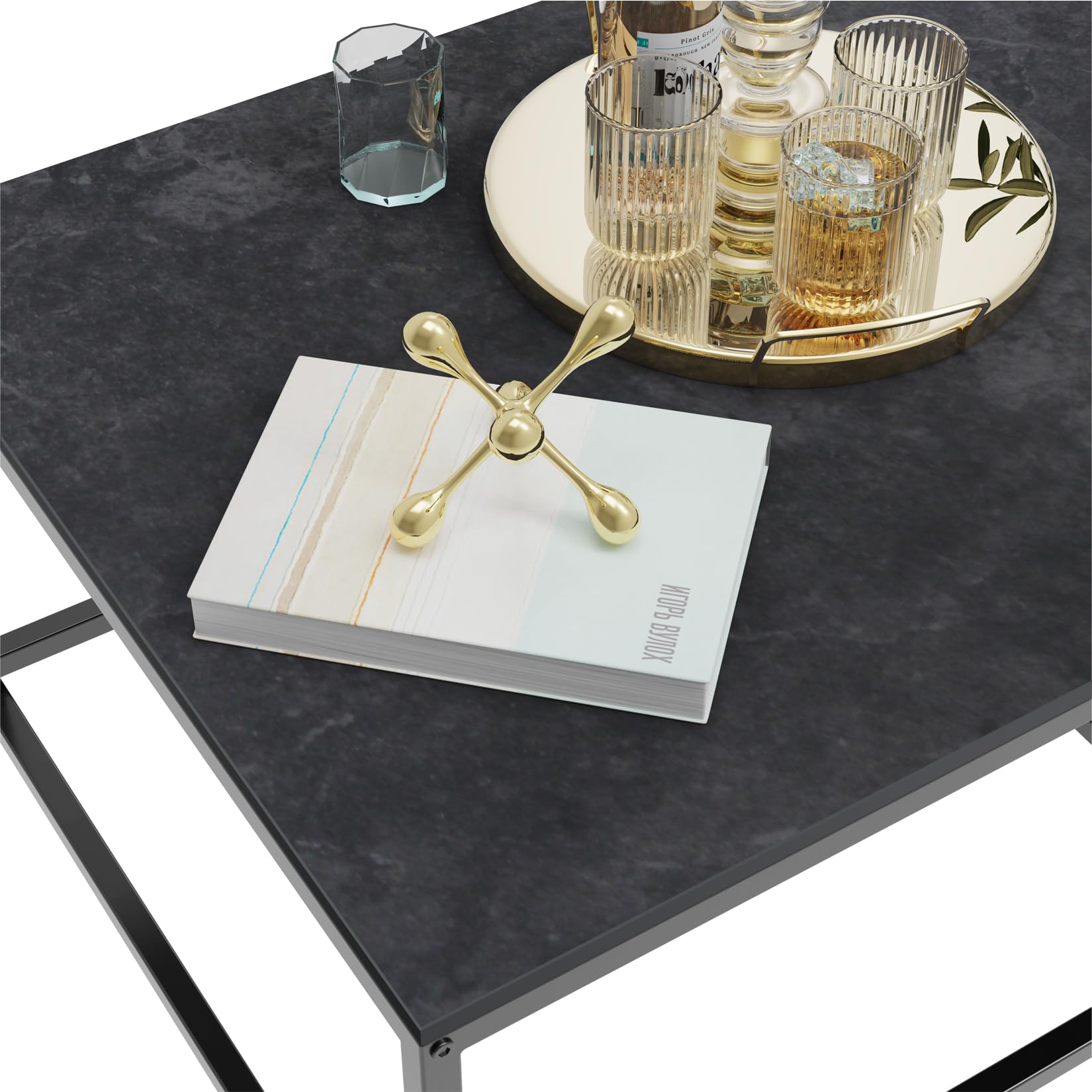 FATIVO Mesa Nido de Centro de Mármol: Mesa de Café Cuadrada Nórdica de Piedra Sinterizada y Metal para Salón Sofá Hogar Oficina, Antracita
