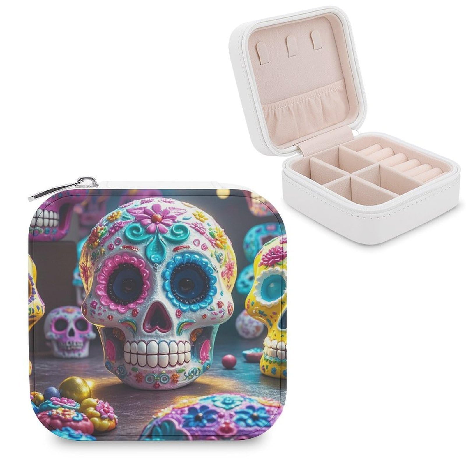 LZQPOEAS Sugar Skulls Jewelry Box Mini Jewelry Travel Case Trendy Stuff Ring Box Custom PU Leather Jewelry Boxes Portable Jewelry Case Earring Storage Organizer for Girls Women