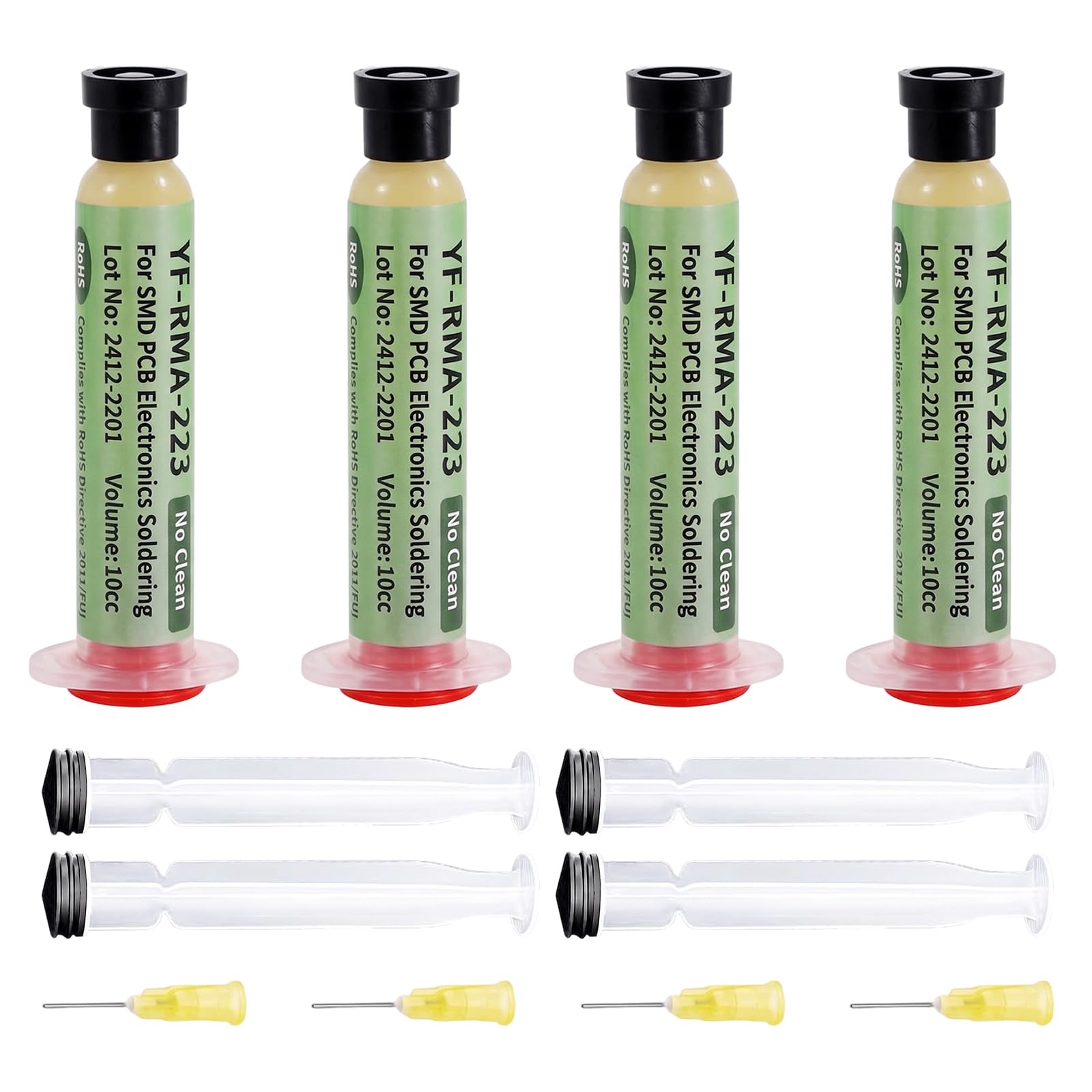 4 Piezas Flux para Soldar Estaño, 20g Pasta de Soldar Electrónica con Jeringa, Aguja y Varilla de Empuje, Flux de Resina RMA-223 para Reparación de SMD BGA PCB LED, Fundente Sin Limpieza