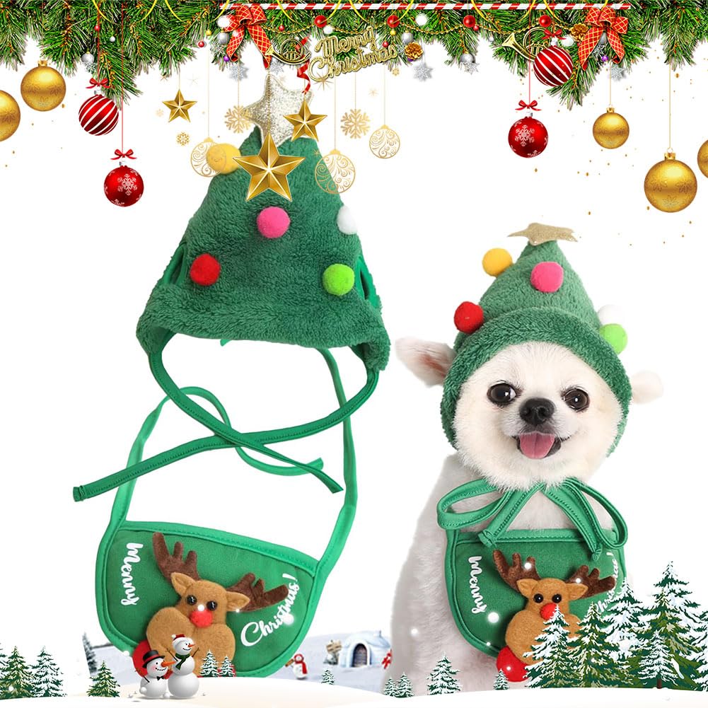 INGKE Adorable Christmas Tree Pom Pom Hat, Dog Santa Hat,Dog Christmas hat,Dog Christmas Tree Costume, Dog Christmas Tree hat, Christmas Tree hat for
