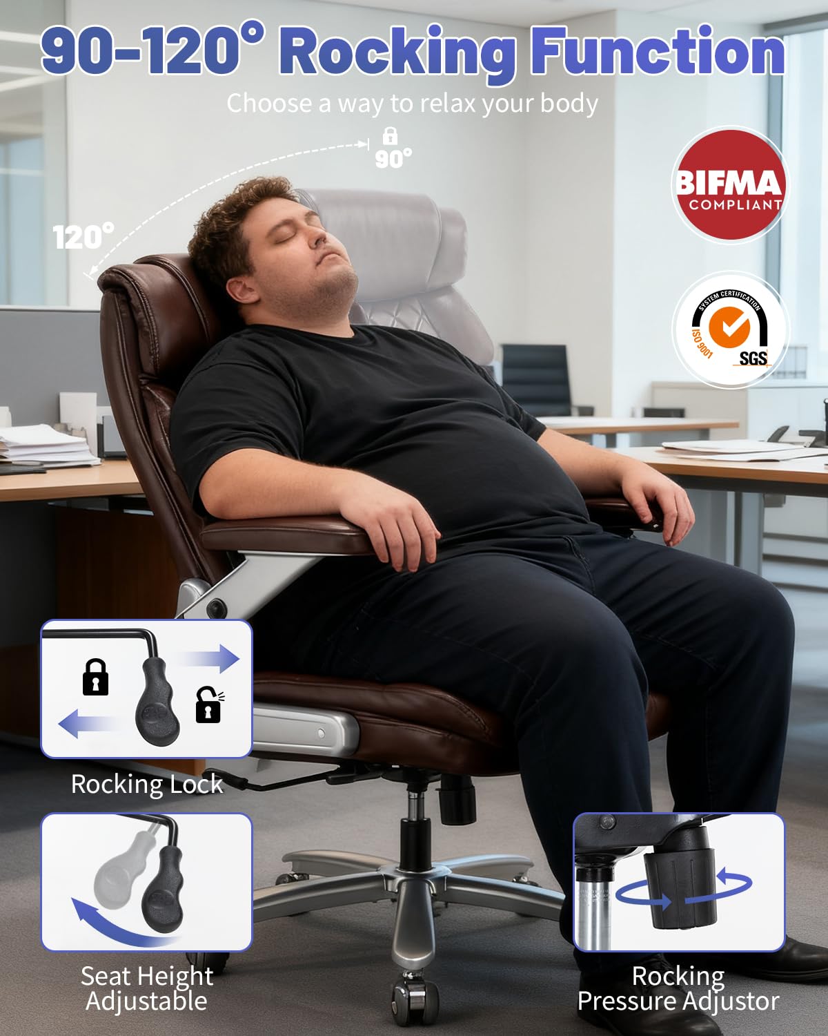 Sedia da ufficio grande e alta 362,9 kg per persone pesanti, schienale alto da dirigente, sedile extra largo con supporto lombare regolabile, grande scrivania per computer comoda casa marrone nero