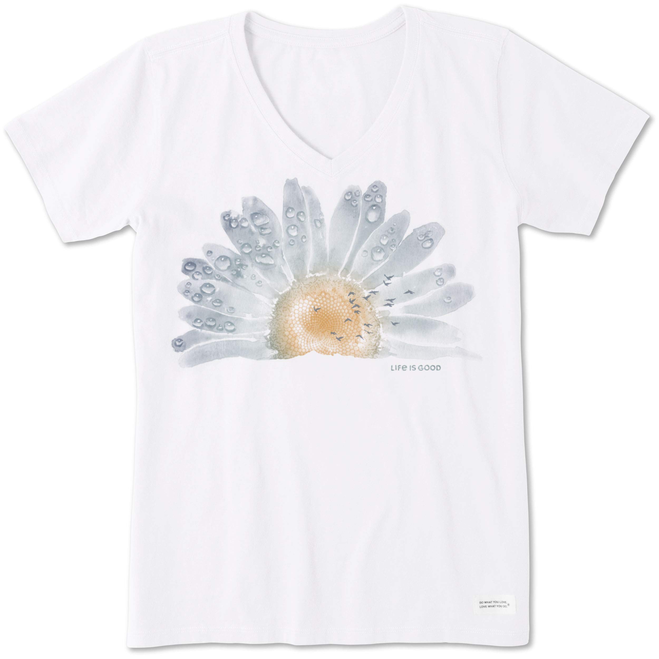 Life Is Good Women's Crusher Tee, Short Sleeve Cotton Graphic T-Shirts, Watercolor Daisy Birds, Cloud White, XL