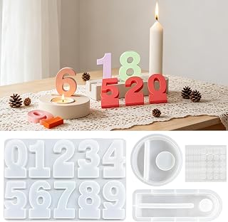 TZEKING 13 Stück Silikonformen Gießformen,1PC Silikonform Zahlen+2PC Silikonform Kerzenhalter+10PC Aufkleber,für DIY Bastelprojekte Geburtstagsfeiern