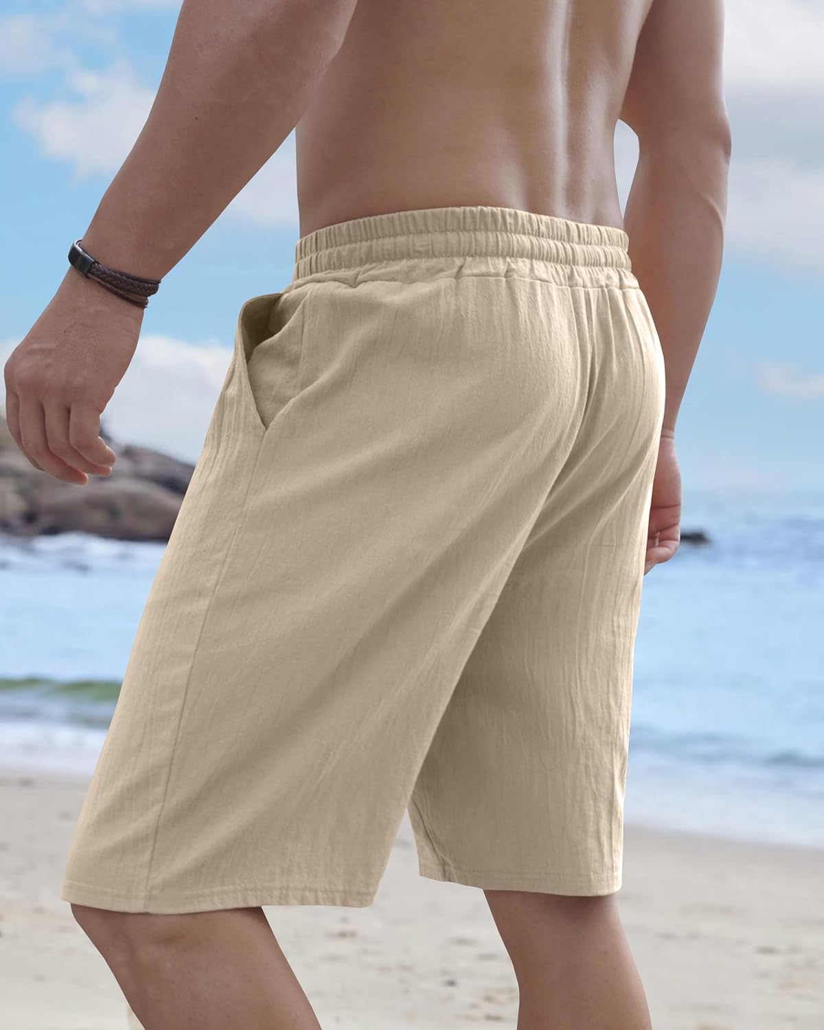 Mens Linen Shorts Casual Drawstring Elastic Waist Lightweight Breathable Summer Beach Shorts for Men - Image 3