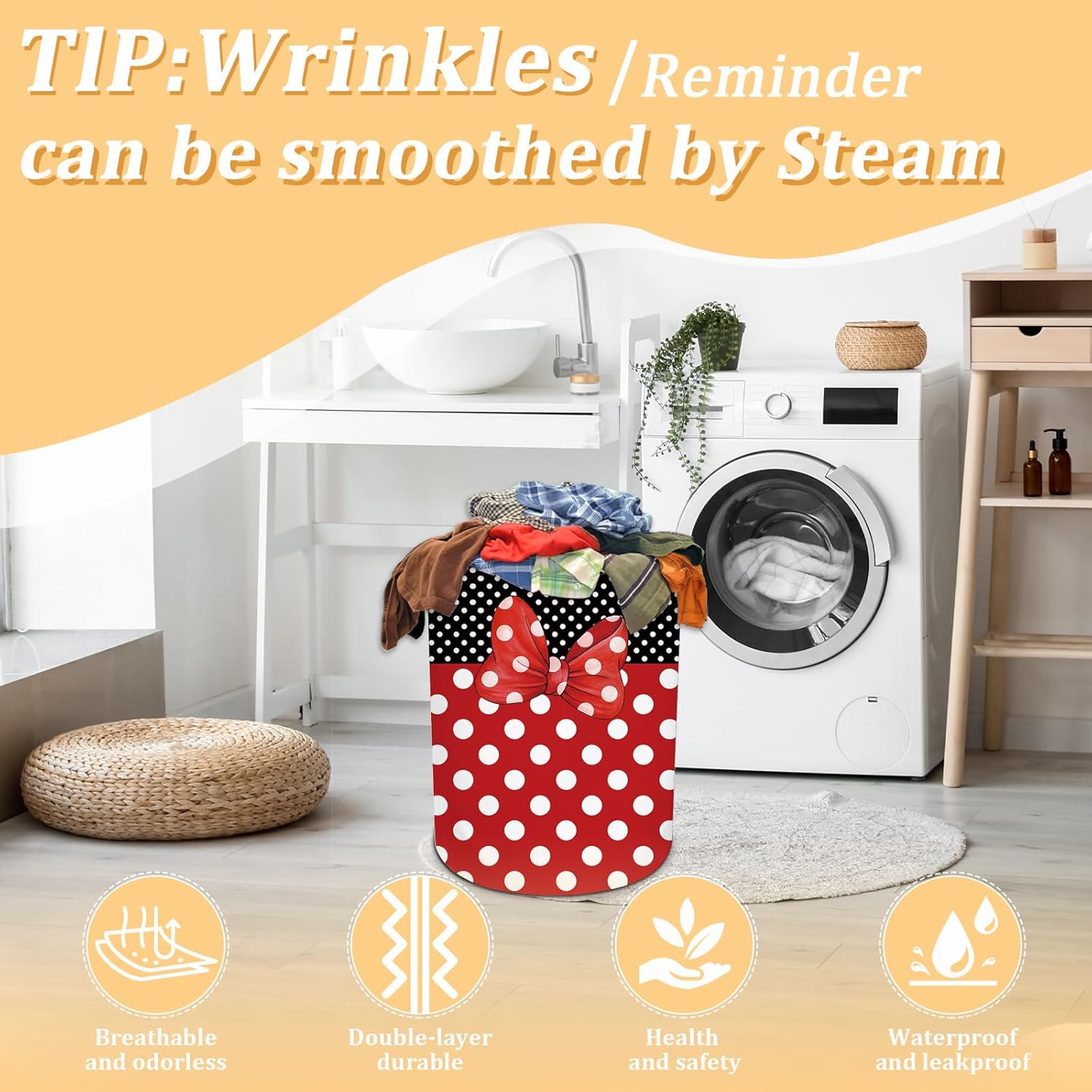 Black Red Polka Dot Laundry Basket, Cute Bow Tie Laundry Hamper Foldable Waterproof Funny Tote Bag Dirty Clothes Storage Bucket Toy Organizer for Bathroom/Laundry/Bedroom 15.7"x19.6"