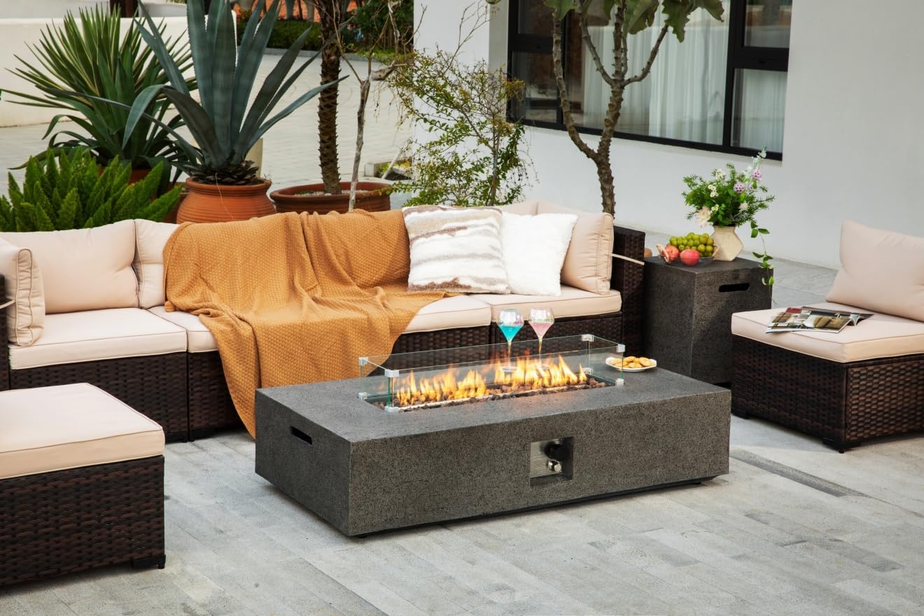 56-inch Rectangle Propane Gas Fire Pit Table, 50,000BTU Outdoor Patio Heater with Stainless Steel Burner Fire Pit for Backyard, Porch, and Garden (Grey, Fire Pit with Wind Guard&Tank)