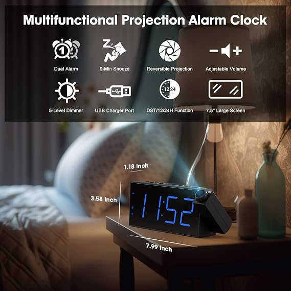 ROCAM Projection Alarm Clock, Digital Alarm with USB Charge Port, Projector for Bedroom with Dimmer, Loud Alarm Clock Bedside for Heavy Sleepers, Snooze