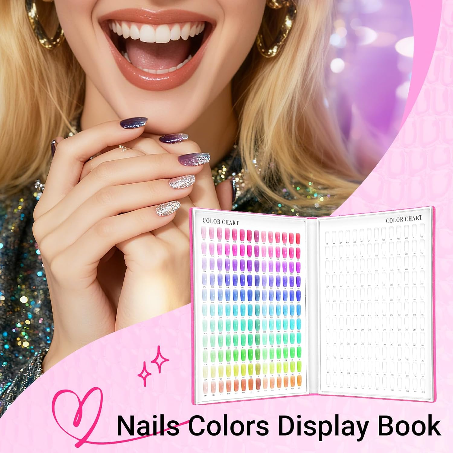 Segbeauty 308 Color Nail Polish Swatches Book for Press Ons, Gel Nail Display Book, Red Press On Nails Stand with 360 Fake Nails Tips, Polish Swatches Color Display Board Organizer Case Art Salon