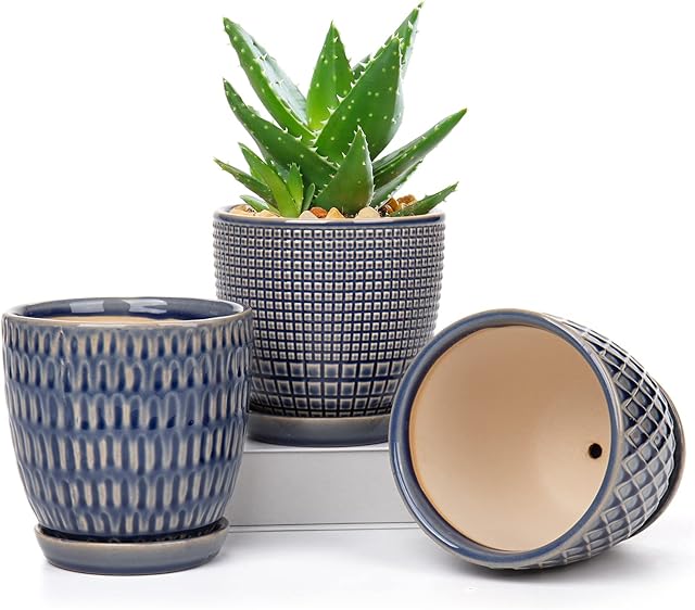 Oairse 3PCS Plant Pots Indoor Ceramic Flower Pots Round Garden Planters with Saucer Tray + Drainage Holes, Succulent Plant Pot/Cactus Plant Pot, 11CM