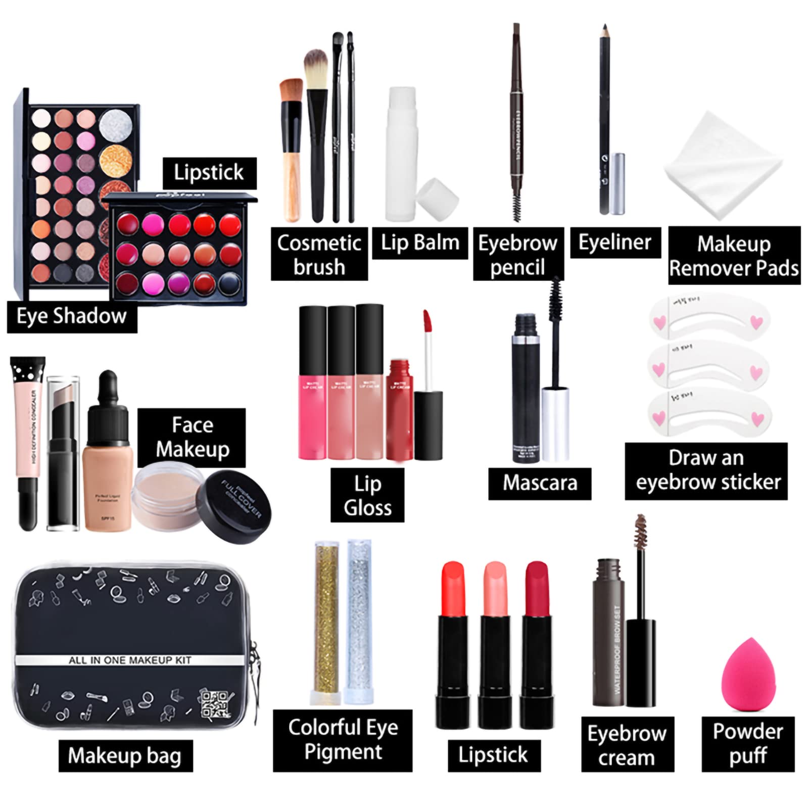 27PCS Professional Makeup Set for Beginner, Premium Makeup Sets Include Foundation, Eyeshadow Palette, Lipstick, Makeup Brush Set Etc, Gifts for Beginner Girls (Assorted Color)