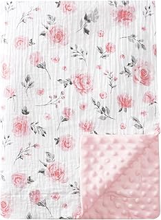 david's kids Manta de Bebé de Muselina Minky para Niñas con Parte Delantera de Muselina de Algodón y Respaldo de Vellón Punteado, Manta de Recepción Transpirable y Suave Liviana para Recién Nacidos