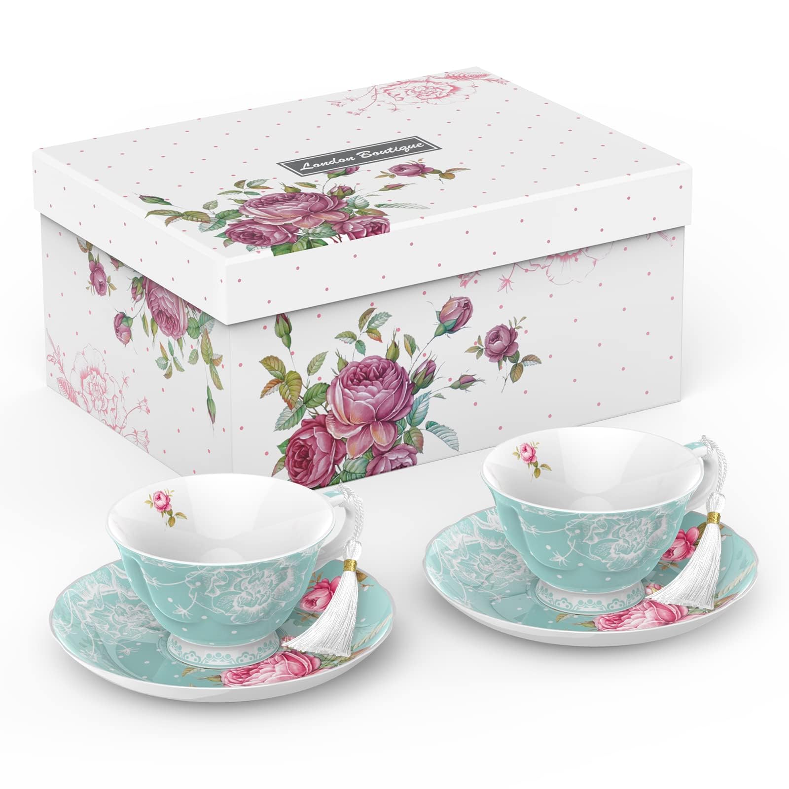 Vintage Floral Rose & Lavender Porcelain Cups Saucers Set of 2, Gift Boxed