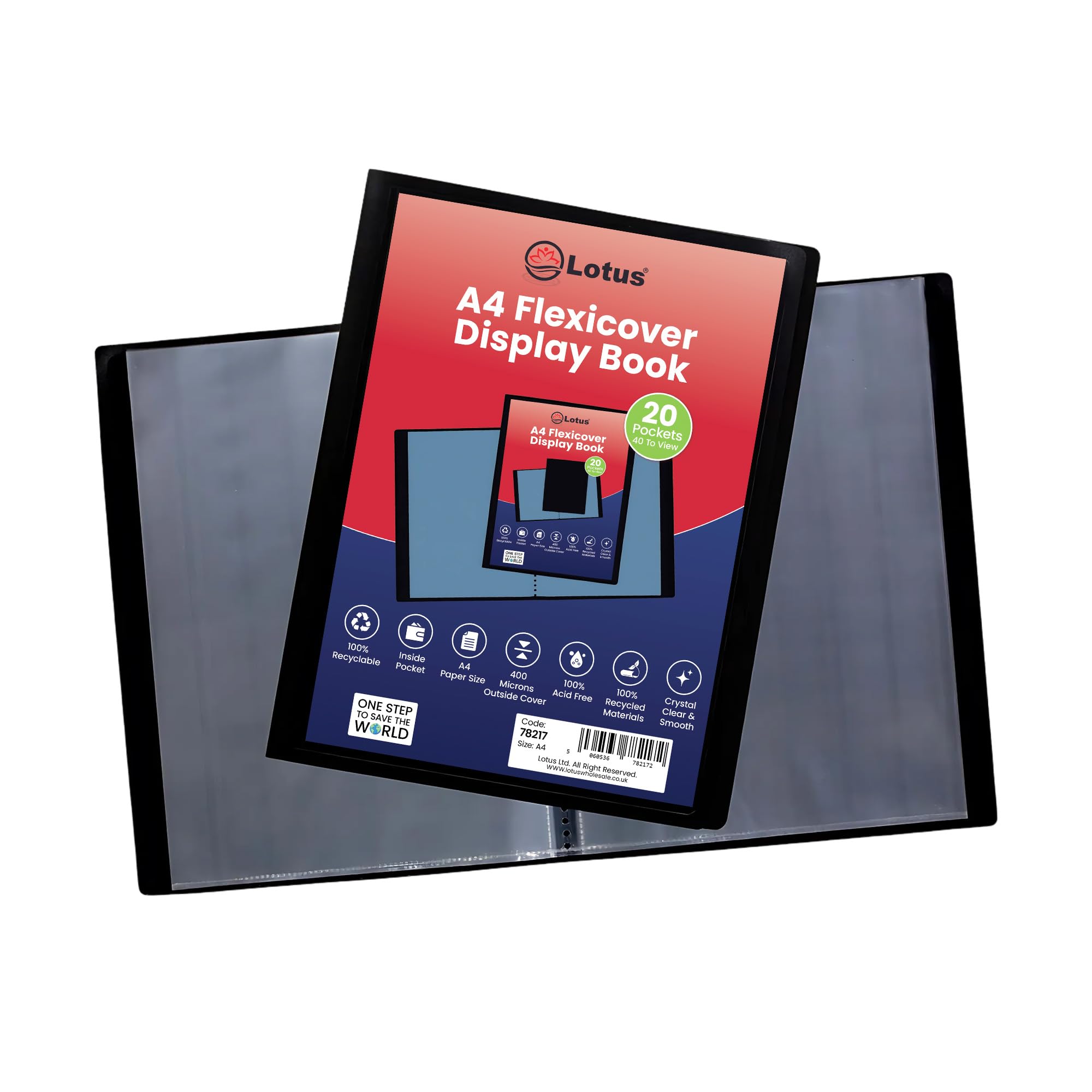 Lotus A4 Flexicover Display Book - 20 Pocket Black Presentation Folder, Premium Flexi Cover with Glass-Clear Pockets, Durable & Versatile for Professionals, Projects, School & Home - 78217 (6 Books)