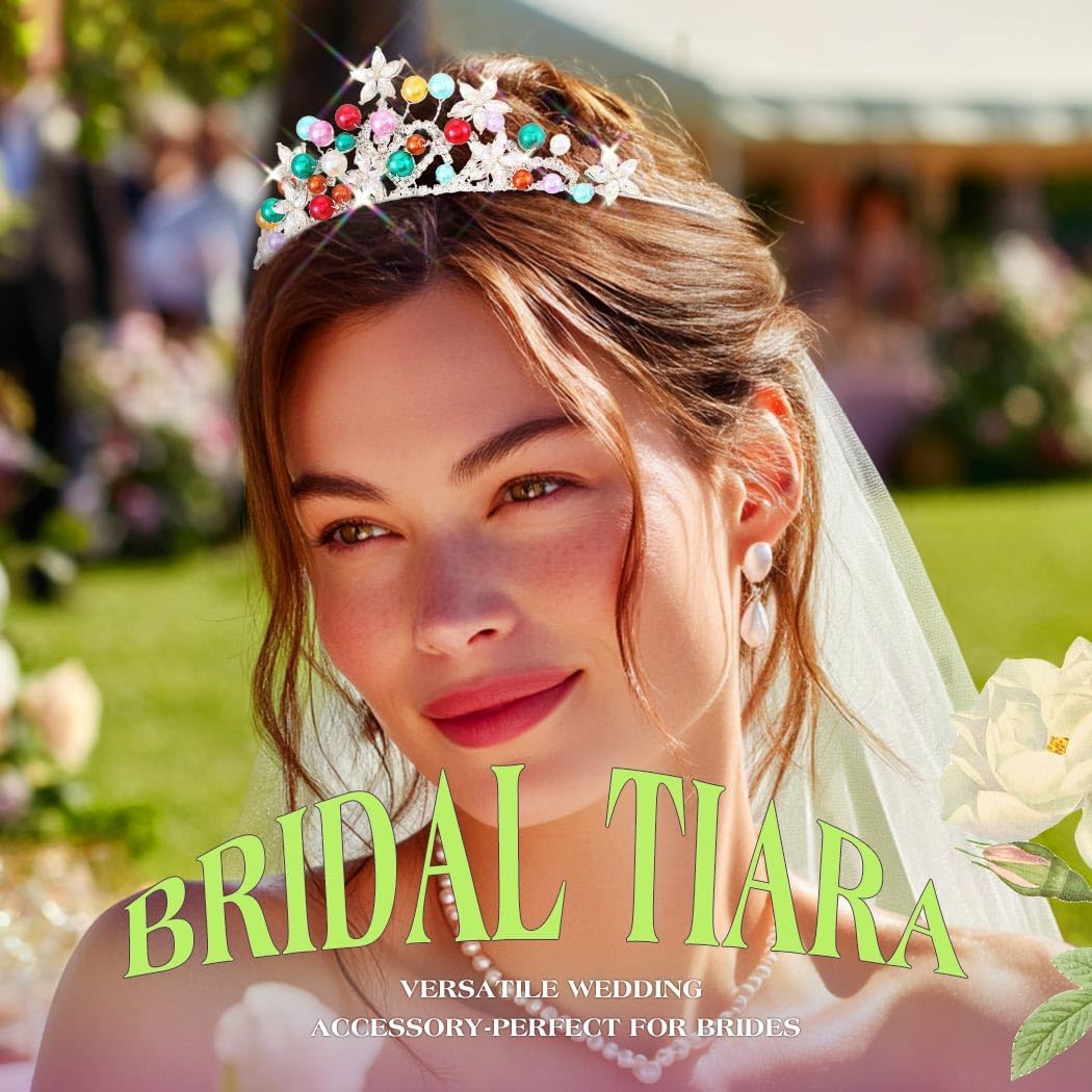 EVILD Colourful Pearl Tiaras and Crowns Flower Bridal Wedding Headband for Women - Image 5